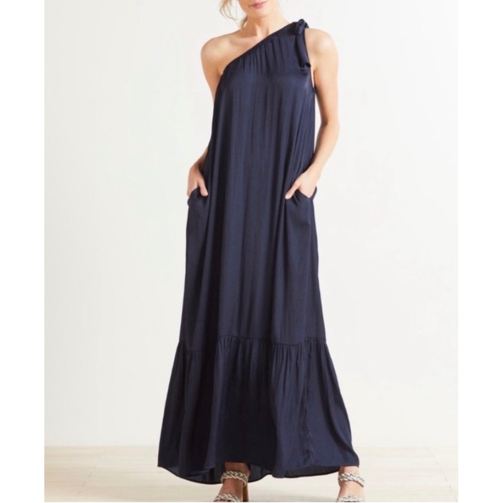 Evereve Navy Blue One Shoulder Maxi Dress Tiered Hem Pockets Navy XS